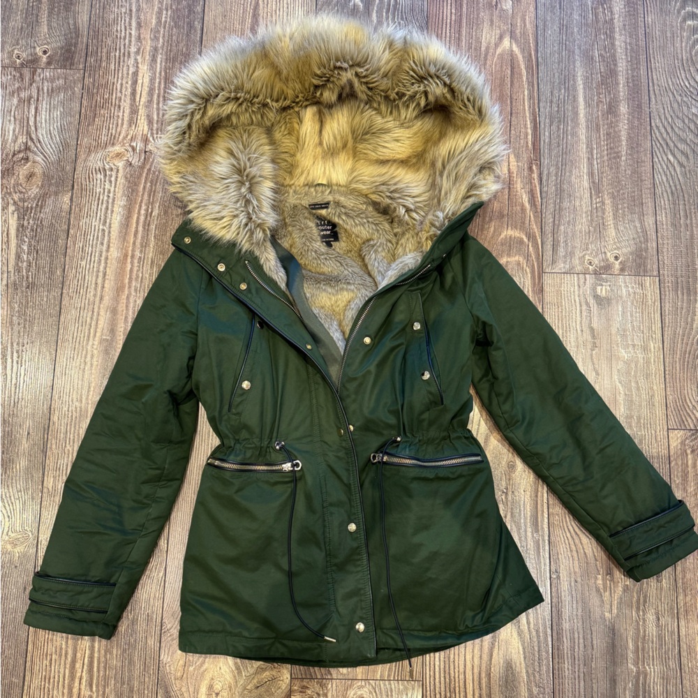 Zara Green Fur-Trimmed Parka Jacket size Small
